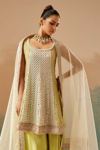 Aditi Somani Green Modal Mirrors Round Neck, Yes Work Kurta Dhoti Pant Set Online at Aza Fashions Aditi Somani_Green Modal Mirrors Round Neck, Yes Work Kurta Dhoti Pant Set _Online_at_Aza_Fashions