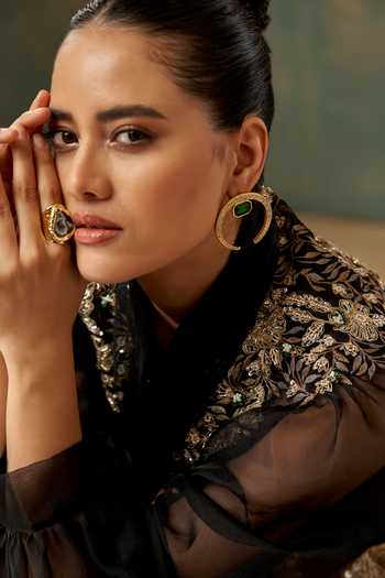 Aditi Somani Black Organza Shawl Neck Puff Sleeve Top And Skirt Set Online at Aza Fashions Aditi Somani_Black Organza Shawl Neck Puff Sleeve Top And Skirt Set _Online_at_Aza_Fashions