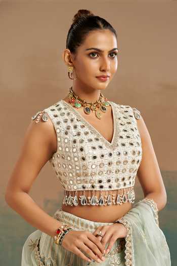Aditi Somani_Multi Color V-neck Mirror Work Stripe Gota Lehenga Set _Online_at_Aza_Fashions