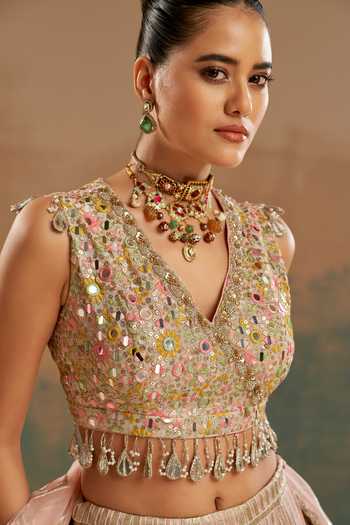 Aditi Somani_Pink V-neck Mirror Work Blouse Lehenga Set _Online_at_Aza_Fashions