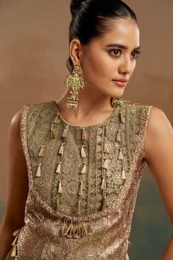 Aditi Somani Gold Velvet, Tissue Tassels, Gota Patti Scoop Embroidered Corset And Sharara Set Online at Aza Fashions Aditi Somani_Gold Velvet, Tissue Tassels, Gota Patti Scoop Embroidered Corset And Sharara Set _Online_at_Aza_Fashions