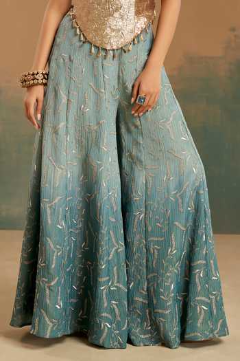Aditi Somani Gold Velvet, Tissue Tassels, Foil Printing Crush Gota And Corset & Sharara Set Online at Aza Fashions Aditi Somani_Gold Velvet, Tissue Tassels, Foil Printing Crush Gota And Corset & Sharara Set _Online_at_Aza_Fashions