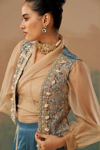 Aditi Somani_Pink Organza, Satin, Velvet Shawl Neck Embroidered Jacket Sharara Set _Online_at_Aza_Fashions