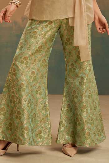 Aditi Somani Beige Organza, Brocade V-neck Embroidered Shirt And Woven Pant Set Online at Aza Fashions Aditi Somani_Beige Organza, Brocade V-neck Embroidered Shirt And Woven Pant Set _Online_at_Aza_Fashions