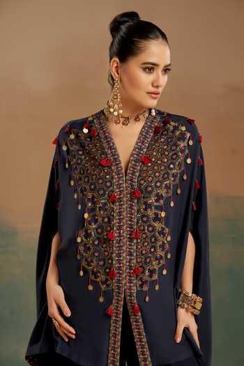 Aditi Somani Blue Silk, Satin, Modal V-neck Honeycomb Embroidered Cape And Dhoti Pant Set Online at Aza Fashions Aditi Somani_Blue Silk, Satin, Modal V-neck Honeycomb Embroidered Cape And Dhoti Pant Set _Online_at_Aza_Fashions