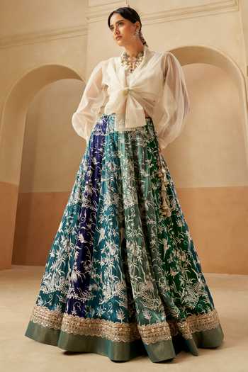 Aditi Somani_Blue Organza Mandarin Collar Embroidered Panelled Skirt Set _Online_at_Aza_Fashions