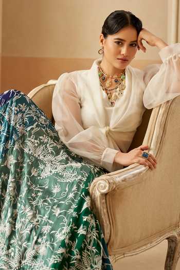 Buy_Aditi Somani_Blue Organza Mandarin Collar Embroidered Panelled Skirt Set _Online_at_Aza_Fashions