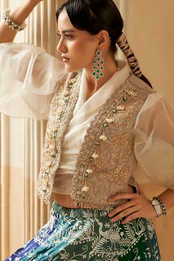 Shop_Aditi Somani_Blue Organza Mandarin Collar Embroidered Panelled Skirt Set _Online_at_Aza_Fashions