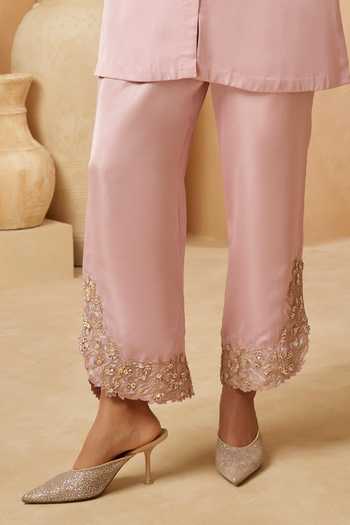Aditi Somani_Pink Silk Mandarin Collar, Yes Embroidered Kurta And Pant Set _Online_at_Aza_Fashions
