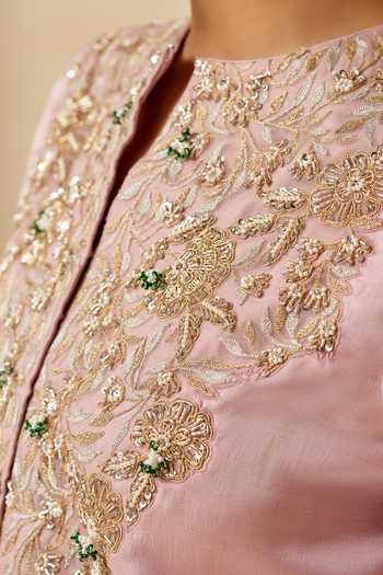 Buy_Aditi Somani_Pink Silk Mandarin Collar, Yes Embroidered Kurta And Pant Set _Online_at_Aza_Fashions