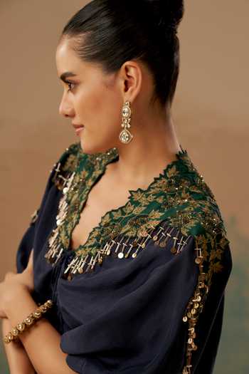 Aditi Somani Blue Silk V-neck Neckline Embroidered Dress Online at Aza Fashions Aditi Somani_Blue Silk V-neck Neckline Embroidered Dress _Online_at_Aza_Fashions