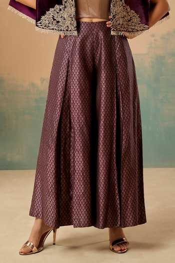 Aditi Somani_Maroon Velvet, Brocade Floral Woven Cape Pant Set _Online_at_Aza_Fashions