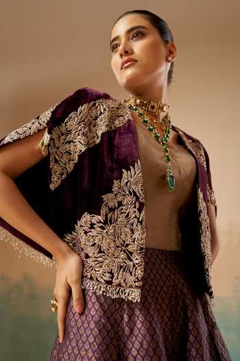 Buy_Aditi Somani_Maroon Velvet, Brocade Floral Woven Cape Pant Set _Online_at_Aza_Fashions