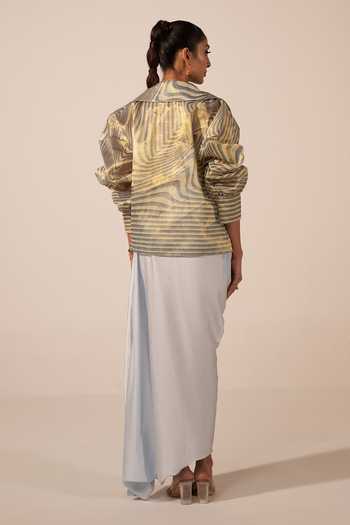 Shop Jyoti Sachdev Iyer Blue Satin, Tissue Beads, Stones Sweetheart Illusion Print Jacket Skirt Set at Aza Fashions Shop_Jyoti Sachdev Iyer_Blue Satin, Tissue Beads, Stones Sweetheart Illusion Print Jacket Skirt Set _at_Aza_Fashions