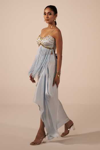 Jyoti Sachdev Iyer_Blue Satin Embroidery Sweetheart Hand Embellished Bralette And Draped Skirt Set _Online_at_Aza_Fashions