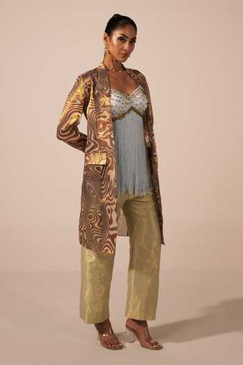 Jyoti Sachdev Iyer Blue Satin, Tissue Tassels Sweetheart Neck Embroidered Jacket Trouser Set Online at Aza Fashions Jyoti Sachdev Iyer_Blue Satin, Tissue Tassels Sweetheart Neck Embroidered Jacket Trouser Set _Online_at_Aza_Fashions