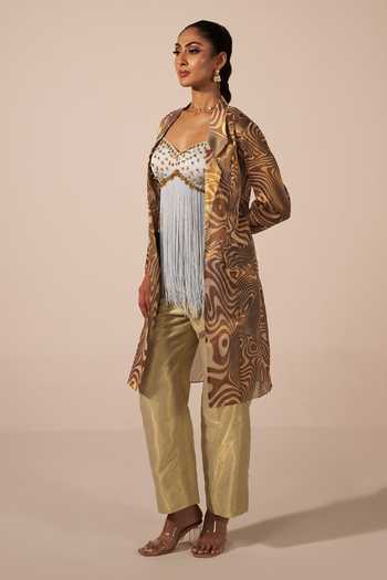 Buy Jyoti Sachdev Iyer Blue Satin, Tissue Tassels Sweetheart Neck Embroidered Jacket Trouser Set Online at Aza Fashions Buy_Jyoti Sachdev Iyer_Blue Satin, Tissue Tassels Sweetheart Neck Embroidered Jacket Trouser Set _Online_at_Aza_Fashions