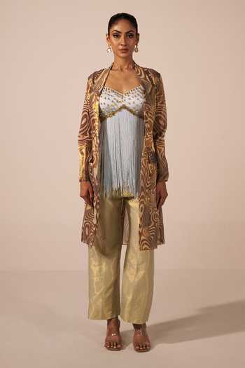 Shop Jyoti Sachdev Iyer Blue Satin, Tissue Tassels Sweetheart Neck Embroidered Jacket Trouser Set Online at Aza Fashions Shop_Jyoti Sachdev Iyer_Blue Satin, Tissue Tassels Sweetheart Neck Embroidered Jacket Trouser Set _Online_at_Aza_Fashions