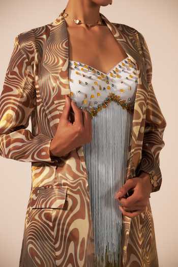 Jyoti Sachdev Iyer Blue Satin, Tissue Tassels Sweetheart Neck Embroidered Jacket Trouser Set at Aza Fashions Jyoti Sachdev Iyer_Blue Satin, Tissue Tassels Sweetheart Neck Embroidered Jacket Trouser Set _at_Aza_Fashions