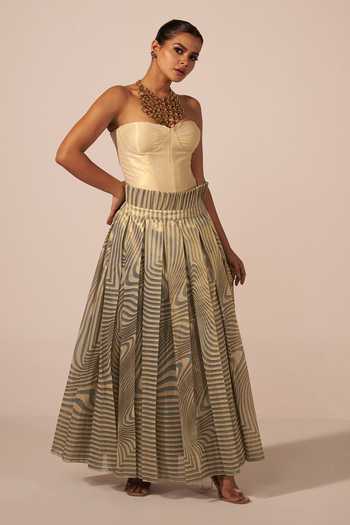 Jyoti Sachdev Iyer Gold Tissue Embroidery Bandeau Neck Illusion Print Skirt With Corset Online at Aza Fashions Jyoti Sachdev Iyer_Gold Tissue Embroidery Bandeau Neck Illusion Print Skirt With Corset _Online_at_Aza_Fashions