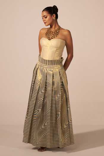Buy Jyoti Sachdev Iyer Gold Tissue Embroidery Bandeau Neck Illusion Print Skirt With Corset Online at Aza Fashions Buy_Jyoti Sachdev Iyer_Gold Tissue Embroidery Bandeau Neck Illusion Print Skirt With Corset _Online_at_Aza_Fashions