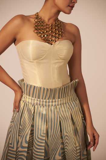 Shop Jyoti Sachdev Iyer Gold Tissue Embroidery Bandeau Neck Illusion Print Skirt With Corset Online at Aza Fashions Shop_Jyoti Sachdev Iyer_Gold Tissue Embroidery Bandeau Neck Illusion Print Skirt With Corset _Online_at_Aza_Fashions