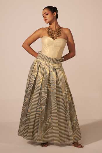 Jyoti Sachdev Iyer Gold Tissue Embroidery Bandeau Neck Illusion Print Skirt With Corset at Aza Fashions Jyoti Sachdev Iyer_Gold Tissue Embroidery Bandeau Neck Illusion Print Skirt With Corset _at_Aza_Fashions