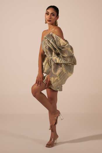 Jyoti Sachdev Iyer Blue Tissue Bandeau Neck Draped Ruffle Dress Online at Aza Fashions Jyoti Sachdev Iyer_Blue Tissue Bandeau Neck Draped Ruffle Dress _Online_at_Aza_Fashions