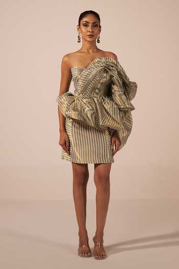 Buy Jyoti Sachdev Iyer Blue Tissue Bandeau Neck Draped Ruffle Dress Online at Aza Fashions Buy_Jyoti Sachdev Iyer_Blue Tissue Bandeau Neck Draped Ruffle Dress _Online_at_Aza_Fashions