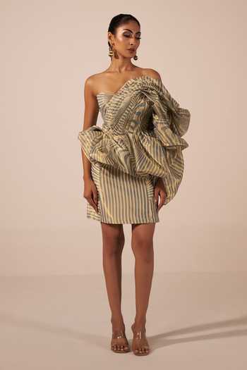 Shop Jyoti Sachdev Iyer Blue Tissue Bandeau Neck Draped Ruffle Dress Online at Aza Fashions Shop_Jyoti Sachdev Iyer_Blue Tissue Bandeau Neck Draped Ruffle Dress _Online_at_Aza_Fashions