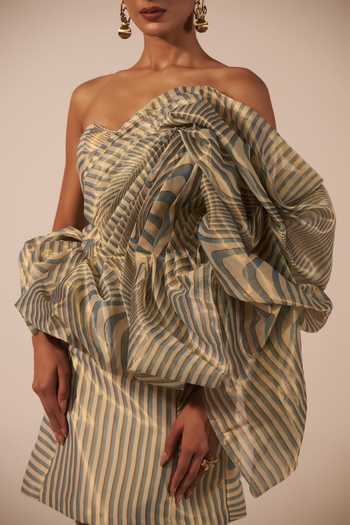 Jyoti Sachdev Iyer Blue Tissue Bandeau Neck Draped Ruffle Dress at Aza Fashions Jyoti Sachdev Iyer_Blue Tissue Bandeau Neck Draped Ruffle Dress _at_Aza_Fashions