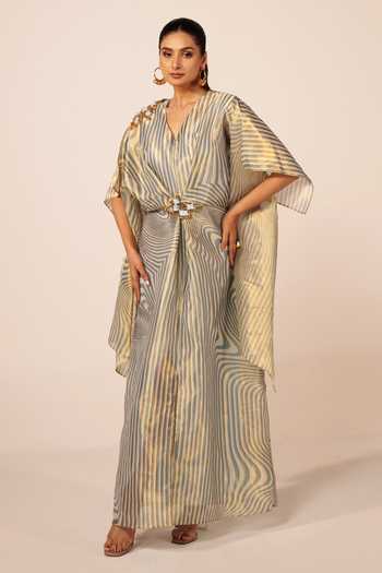 Jyoti Sachdev Iyer Blue Satin, Tissue V-neck Illusion Print Kaftan Online at Aza Fashions Jyoti Sachdev Iyer_Blue Satin, Tissue V-neck Illusion Print Kaftan _Online_at_Aza_Fashions