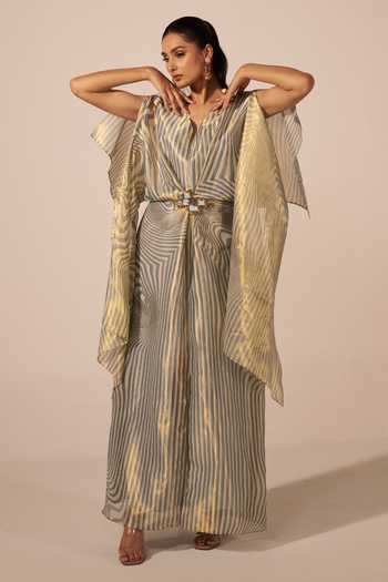 Buy Jyoti Sachdev Iyer Blue Satin, Tissue V-neck Illusion Print Kaftan Online at Aza Fashions Buy_Jyoti Sachdev Iyer_Blue Satin, Tissue V-neck Illusion Print Kaftan _Online_at_Aza_Fashions