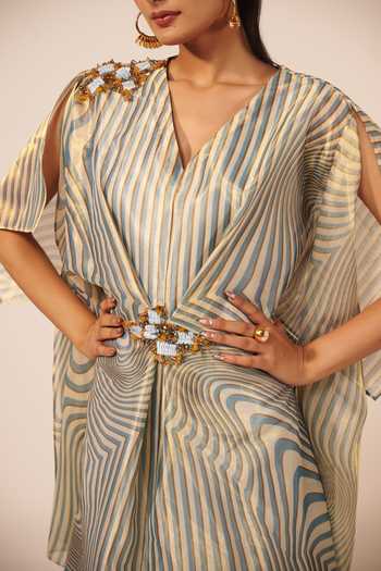 Shop Jyoti Sachdev Iyer Blue Satin, Tissue V-neck Illusion Print Kaftan Online at Aza Fashions Shop_Jyoti Sachdev Iyer_Blue Satin, Tissue V-neck Illusion Print Kaftan _Online_at_Aza_Fashions