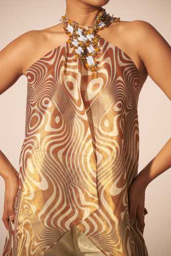 Buy_Jyoti Sachdev Iyer_Gold Tissue Halter Neck Asymmetric Hem Dress And Pant Set _Online_at_Aza_Fashions