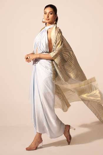 Jyoti Sachdev Iyer Blue Satin, Tissue Halter , Open Draped Dress With Illusion Print Cape Online at Aza Fashions Jyoti Sachdev Iyer_Blue Satin, Tissue Halter , Open Draped Dress With Illusion Print Cape _Online_at_Aza_Fashions