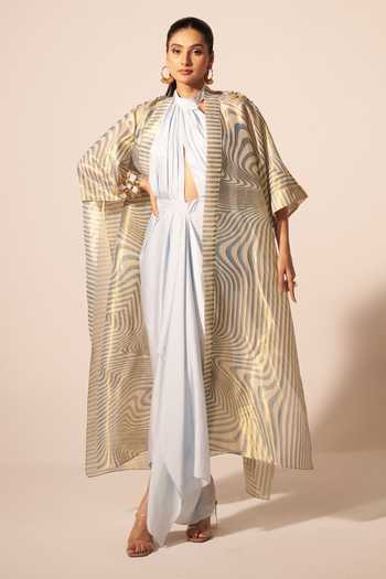 Jyoti Sachdev Iyer Draped Dress With Illusion Print Cape