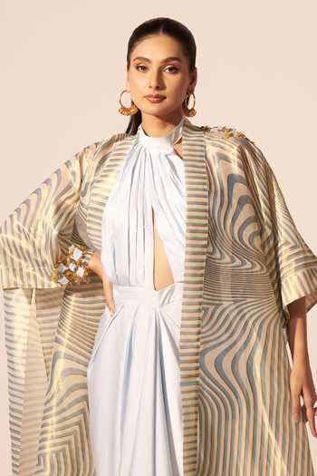 Shop Jyoti Sachdev Iyer Blue Satin, Tissue Halter , Open Draped Dress With Illusion Print Cape Online at Aza Fashions Shop_Jyoti Sachdev Iyer_Blue Satin, Tissue Halter , Open Draped Dress With Illusion Print Cape _Online_at_Aza_Fashions