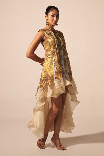 Jyoti Sachdev Iyer Gold Tissue Round Neck Optical Illusion Layered Short Dress Online at Aza Fashions Jyoti Sachdev Iyer_Gold Tissue Round Neck Optical Illusion Layered Short Dress _Online_at_Aza_Fashions
