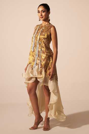 Buy Jyoti Sachdev Iyer Gold Tissue Round Neck Optical Illusion Layered Short Dress Online at Aza Fashions Buy_Jyoti Sachdev Iyer_Gold Tissue Round Neck Optical Illusion Layered Short Dress _Online_at_Aza_Fashions