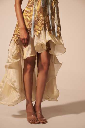 Shop Jyoti Sachdev Iyer Gold Tissue Round Neck Optical Illusion Layered Short Dress Online at Aza Fashions Shop_Jyoti Sachdev Iyer_Gold Tissue Round Neck Optical Illusion Layered Short Dress _Online_at_Aza_Fashions