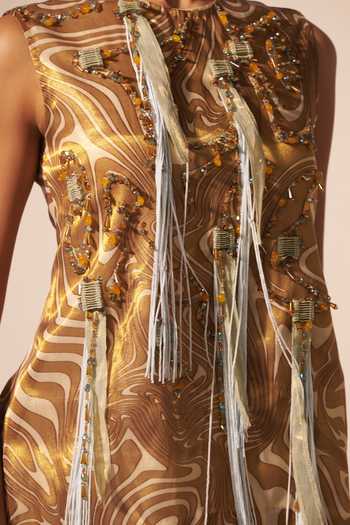 Jyoti Sachdev Iyer Gold Tissue Round Neck Optical Illusion Layered Short Dress at Aza Fashions Jyoti Sachdev Iyer_Gold Tissue Round Neck Optical Illusion Layered Short Dress _at_Aza_Fashions