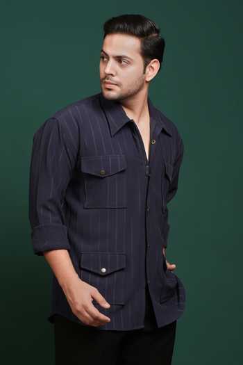 Menero Blue Cotton Patch Pocket Shirt Online at Aza Fashions Menero_Blue Cotton Patch Pocket Shirt _Online_at_Aza_Fashions