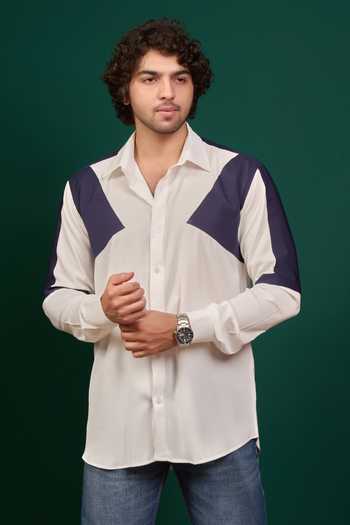 Menero White Crepe Colorblock Panelled Shirt Online at Aza Fashions Menero_White Crepe Colorblock Panelled Shirt _Online_at_Aza_Fashions
