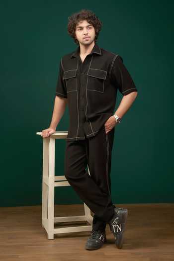 Menero Black Crepe, Lycra Embroidered Shirt And Pant Set Online at Aza Fashions Menero_Black Crepe, Lycra Embroidered Shirt And Pant Set _Online_at_Aza_Fashions