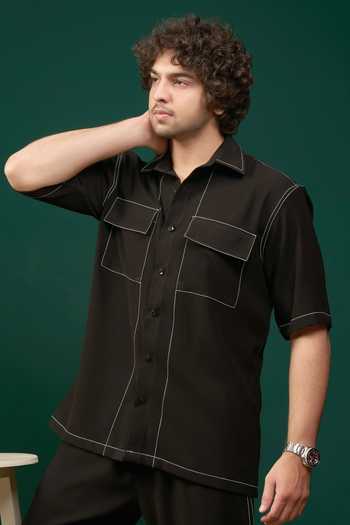 Shop Menero Black Crepe, Lycra Embroidered Shirt And Pant Set Online at Aza Fashions Shop_Menero_Black Crepe, Lycra Embroidered Shirt And Pant Set _Online_at_Aza_Fashions