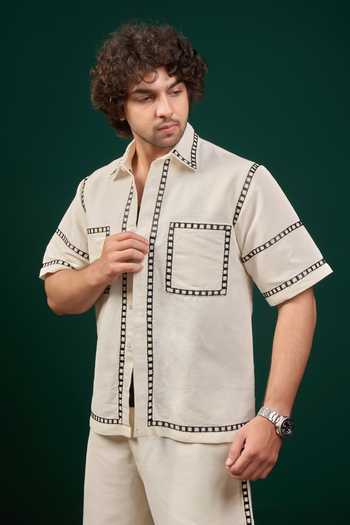 Buy Menero Off White Cotton, Linen Embroidered Shirt And Pant Set Online at Aza Fashions Buy_Menero_Off White Cotton, Linen Embroidered Shirt And Pant Set _Online_at_Aza_Fashions
