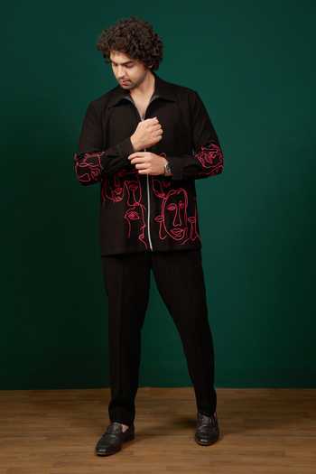 Shop Menero Black Crepe, Lycra Embroidered Shirt And Pant Set Online at Aza Fashions Shop_Menero_Black Crepe, Lycra Embroidered Shirt And Pant Set _Online_at_Aza_Fashions