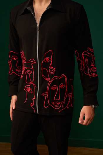 Menero Black Crepe, Lycra Embroidered Shirt And Pant Set at Aza Fashions Menero_Black Crepe, Lycra Embroidered Shirt And Pant Set _at_Aza_Fashions