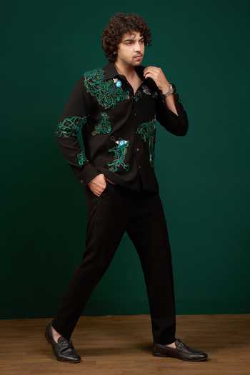 Menero Black Cotton, Crepe, Lycra 3d Thread Embroidered Shirt Online at Aza Fashions Menero_Black Cotton, Crepe, Lycra 3d Thread Embroidered Shirt _Online_at_Aza_Fashions